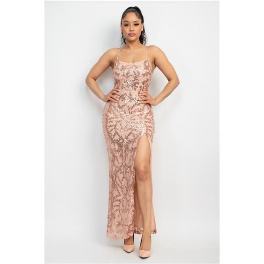 Sequin back-crisscross tie slit dress